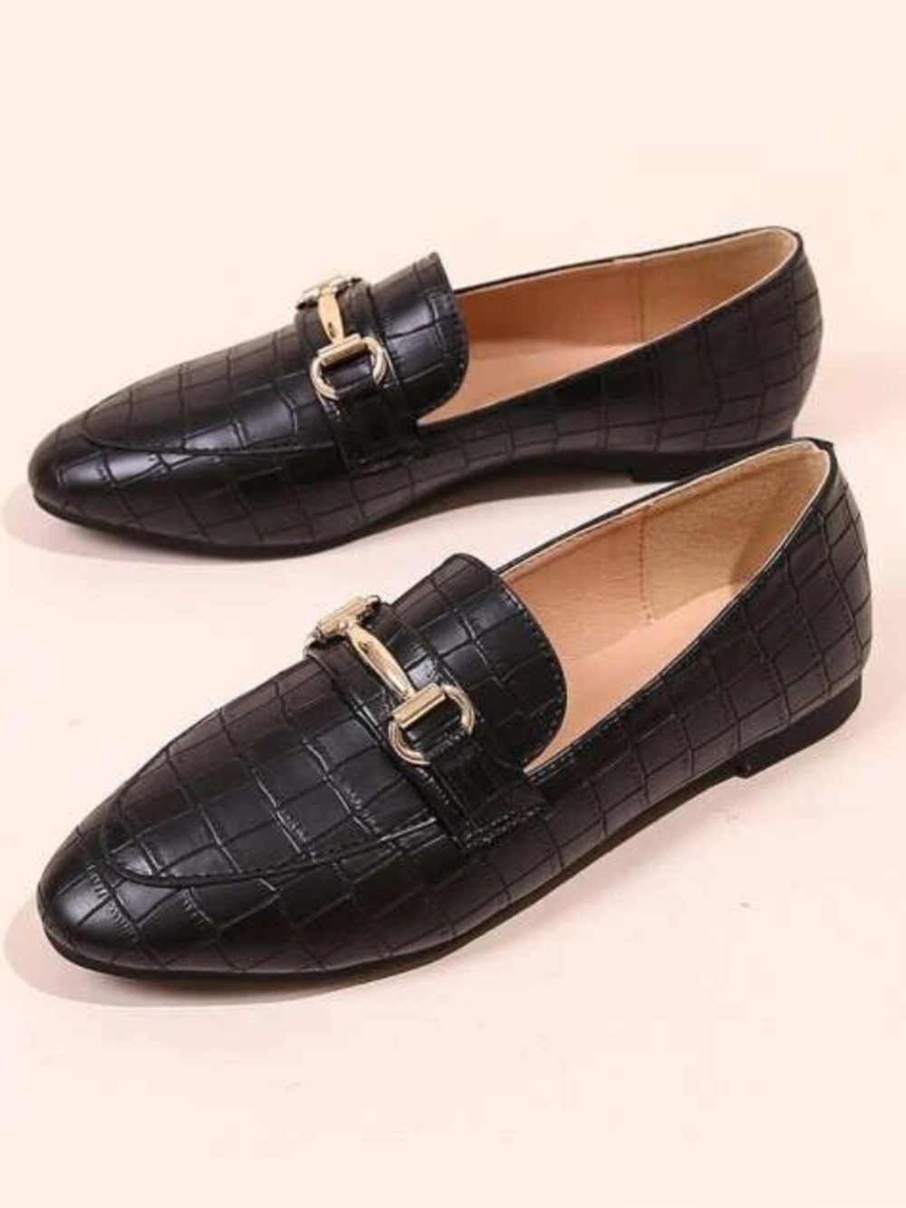 EUC Black Croc-Embossed Leather Loafers with Gold Bit
